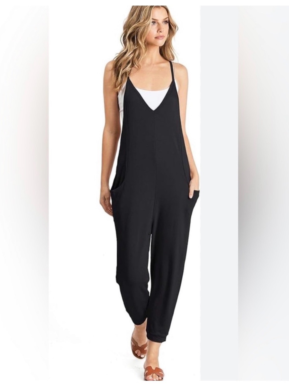 wild fable Black Relaxed V-Neck Spaghetti-Strap Jumpsuit